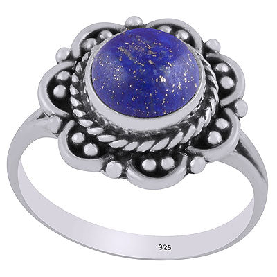 Beautiful Flower Rawa & Wire Work Around Lapis Round Shape 925 Sterling Solid Silver Ring - R3402832-46