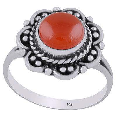 Beautiful Flower Rawa & Wire Work Around Carnelian Round Shape 925 Sterling Solid Silver Ring - R3402832-47