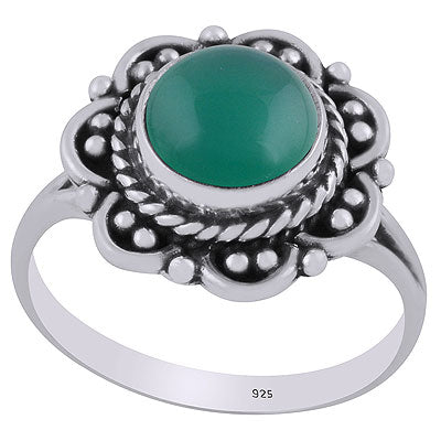 Beautiful Flower Rawa & Wire Work Around Green Onyx Round Shape 925 Sterling Solid Silver Ring - R3402832-48
