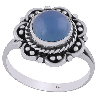 Beautiful Flower Rawa & Wire Work Around Blue Chalcedony Round Shape 925 Sterling Solid Silver Ring - R3402832-49