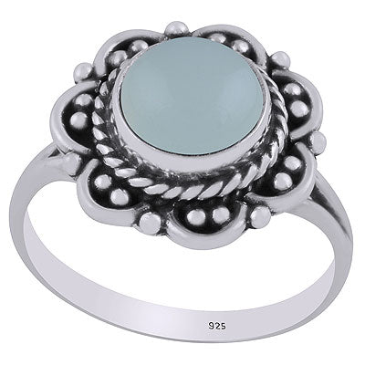 Beautiful Flower Rawa & Wire Work Around Aqua Chalcedony Round Shape 925 Sterling Solid Silver Ring - R3402832-50