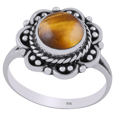 Beautiful Flower Rawa & Wire Work Around Tiger's Eye Round Shape 925 Sterling Solid Silver Ring - R3402832-51