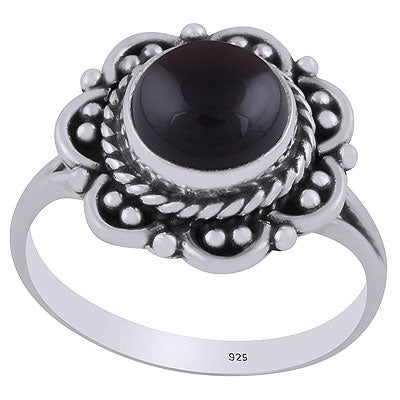 Beautiful Flower Rawa & Wire Work Around Black Onyx Round Shape 925 Sterling Solid Silver Ring - R3402832-54