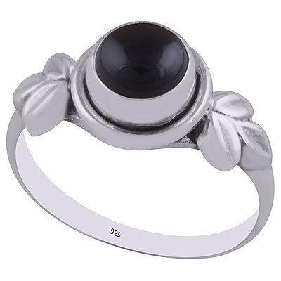 Beautiful Textured Leaf Around Black Onyx Round Shape 925 Sterling Solid Silver Ring - R3402941-12