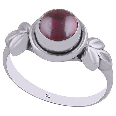 Beautiful Textured Leaf Around Garnet Round Shape 925 Sterling Solid Silver Ring - R3402941-2