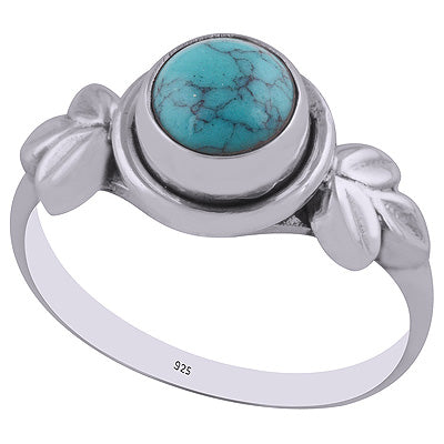 Beautiful Textured Leaf Around Turquoise Round Shape 925 Sterling Solid Silver Ring - R3402941-3
