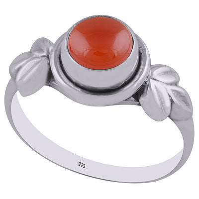 Beautiful Textured Leaf Around Carnelian Round Shape 925 Sterling Solid Silver Ring - R3402941-7