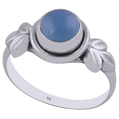 Beautiful Textured Leaf Around Blue Chalcedony Round Shape 925 Sterling Solid Silver Ring - R3402941-9