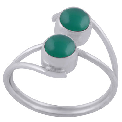 Stylish Two Stone Green Onyx Round Shape 925 Sterling Solid Silver Ring - R3402958-58