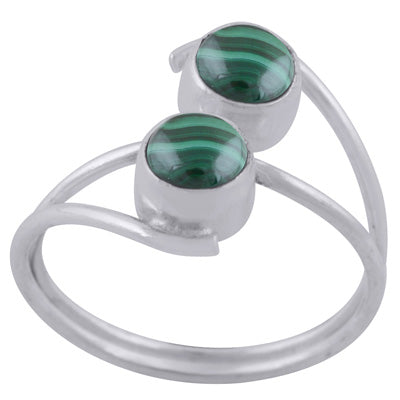 Stylish Two Stone Malachite Round Shape 925 Sterling Solid Silver Ring - R3402958-62
