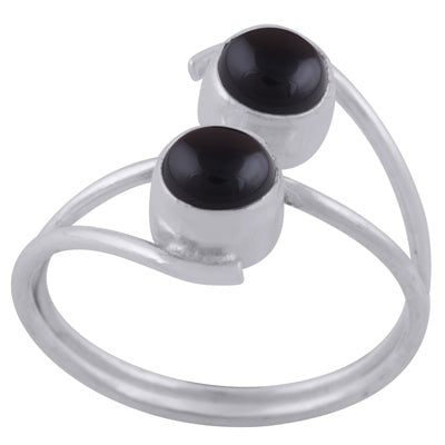 Stylish Two Stone Black Onyx Round Shape 925 Sterling Solid Silver Ring - R3402958-63