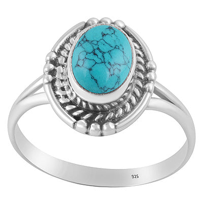 Stunning Textured Wire & Rawa Around Turquoise Oval Shape 925 Sterling Solid Silver Ring - R3402972-53