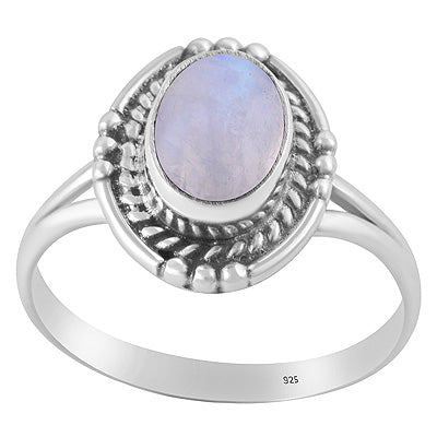 Stunning Textured Wire & Rawa Around Rainbow Moonstone Oval Shape 925 Sterling Solid Silver Ring - R3402972-54