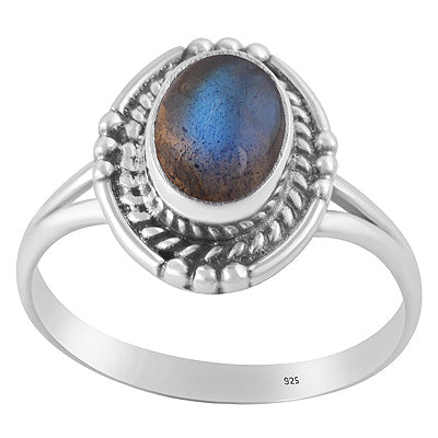 Stunning Textured Wire & Rawa Around Labradorite Oval Shape 925 Sterling Solid Silver Ring - R3402972-55