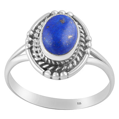 Stunning Textured Wire & Rawa Around Lapis Oval Shape 925 Sterling Solid Silver Ring - R3402972-56