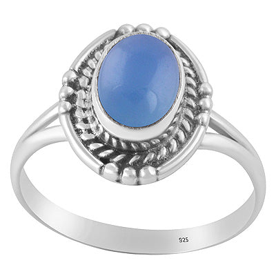 Stunning Textured Wire & Rawa Around Blue Chalcedony Oval Shape 925 Sterling Solid Silver Ring - R3402972-59