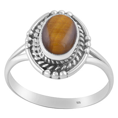 Stunning Textured Wire & Rawa Around Tiger's Eye Oval Shape 925 Sterling Solid Silver Ring - R3402972-61