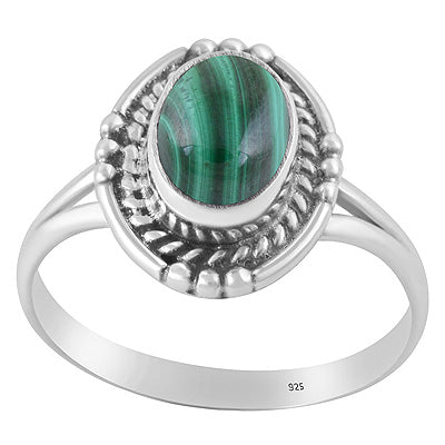 Stunning Textured Wire & Rawa Around Malachite Oval Shape 925 Sterling Solid Silver Ring - R3402972-62