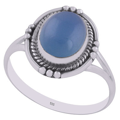 Stunning Textured Wire & Rawa Around Blue Chalcedony Oval Shape 925 Sterling Solid Silver Ring - R3402972-7