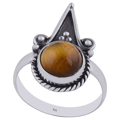 Oxidised Textured Wire & Rawa Around Tiger's Eye Round Shape 925 Sterling Solid Silver Ring - R3402981-10