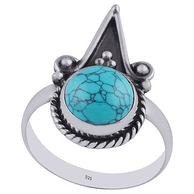 Oxidised Textured Wire & Rawa Around Turquoise Round Shape 925 Sterling Solid Silver Ring - R3402981-3