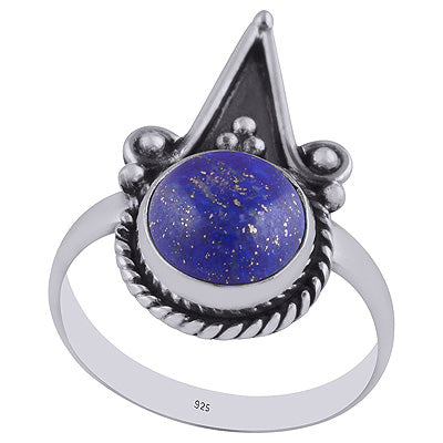 Oxidised Textured Wire & Rawa Around Lapis Round Shape 925 Sterling Solid Silver Ring - R3402981-5