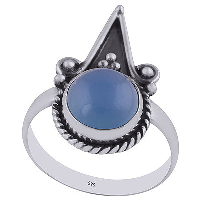 Oxidised Textured Wire & Rawa Around Blue Chalcedony Round Shape 925 Sterling Solid Silver Ring - R3402981-7