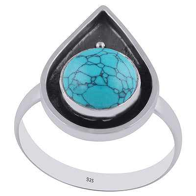 Minimal Oxidised Rawa Work Around Turquoise Round Shape 925 Sterling Solid Silver Ring - R3402982-3