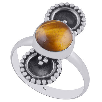 Beautifully Oxidised Rawa Work Around Tiger's Eye Round Shape 925 Sterling Solid Silver Ring - R3402983-10