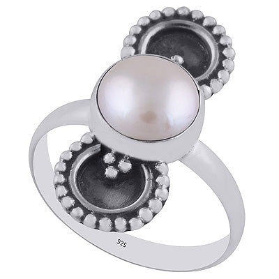 Beautifully Oxidised Rawa Work Around Pearl Round Shape 925 Sterling Solid Silver Ring - R3402983-11