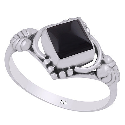Stunning Handcrafted Work Around Black Onyx Rhombus Shape 925 Sterling Solid Silver Ring - R3403002-64