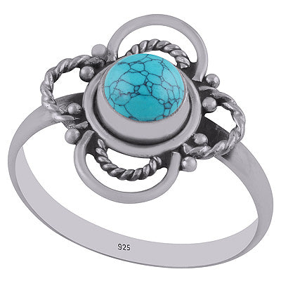 Beautiful Textured Wire work Around Turquoise Round Shape 925 Sterling Solid Silver Ring - R3403005-3