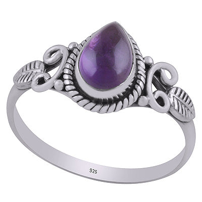 Gorgeous Textured leaf & Twisted Wire Work Around Amethyst Pear Shape 925 Sterling Solid Silver Ring - R3403033-1