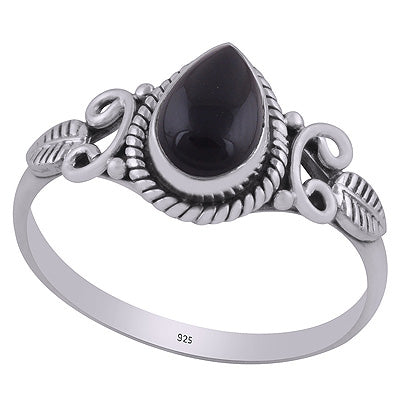 Gorgeous Textured leaf & Twisted Wire Work Around Black Onyx Pear Shape 925 Sterling Solid Silver Ring - R3403033-11