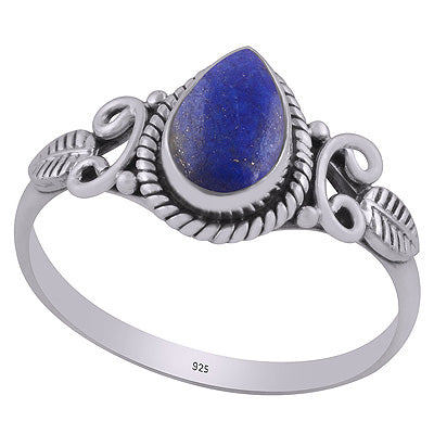 Gorgeous Textured leaf & Twisted Wire Work Around Lapis Pear Shape 925 Sterling Solid Silver Ring - R3403033-12