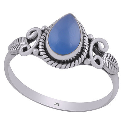 Gorgeous Textured leaf & Twisted Wire Work Around Blue Chalcedony Pear Shape 925 Sterling Solid Silver Ring - R3403033-13