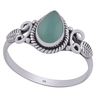 Gorgeous Textured leaf & Twisted Wire Work Around Aqua Chalcedony Pear Shape 925 Sterling Solid Silver Ring - R3403033-14