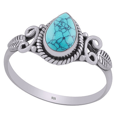 Gorgeous Textured leaf & Twisted Wire Work Around Turquoise Pear Shape 925 Sterling Solid Silver Ring - R3403033-3