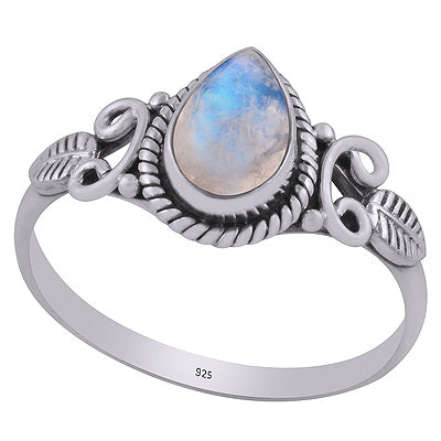 Gorgeous Textured leaf & Twisted Wire Work Around Rainbow Moonstone Pear Shape 925 Sterling Solid Silver Ring - R3403033-4