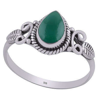 Gorgeous Textured leaf & Twisted Wire Work Around Green Onyx Pear Shape 925 Sterling Solid Silver Ring - R3403033-7