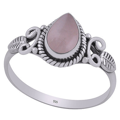Gorgeous Textured leaf & Twisted Wire Work Around Rose Quartz Pear Shape 925 Sterling Solid Silver Ring - R3403033-9