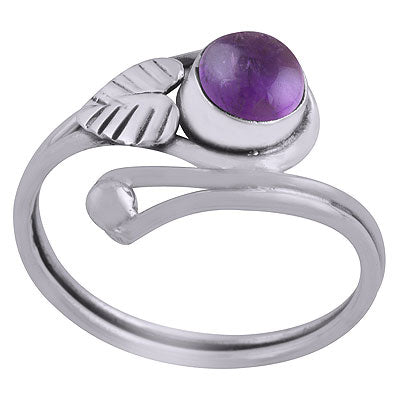 Beautiful Textured Leaf Around Amethyst Round Shape 925 Sterling Solid Silver Ring - R3403035-1