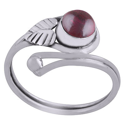 Beautiful Textured Leaf Around Garnet Round Shape 925 Sterling Solid Silver Ring - R3403035-2