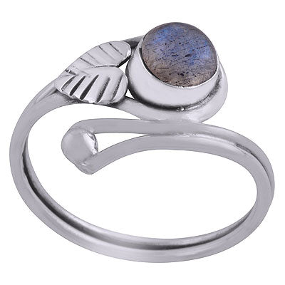 Beautiful Textured Leaf Around Labradorite Round Shape 925 Sterling Solid Silver Ring - R3403035-5