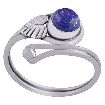 Beautiful Textured Leaf Around Lapis Round Shape 925 Sterling Solid Silver Ring - R3403035-6