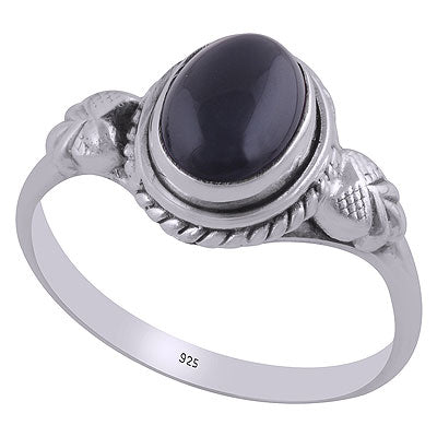 Gorgeous Textured Leaf Around Black Onyx Oval Shape 925 Sterling Solid Silver Ring - R3403041-10