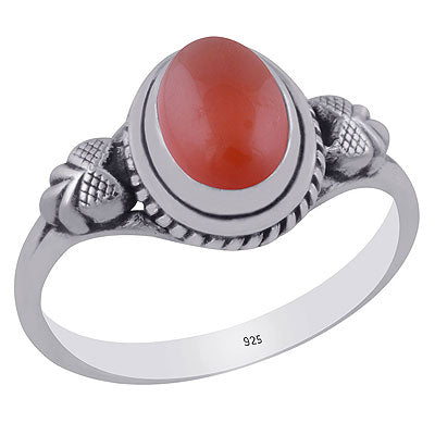 Gorgeous Textured Leaf Around Carnelian Oval Shape 925 Sterling Solid Silver Ring - R3403041-11