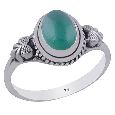 Gorgeous Textured Leaf Around Green Onyx Oval Shape 925 Sterling Solid Silver Ring - R3403041-12