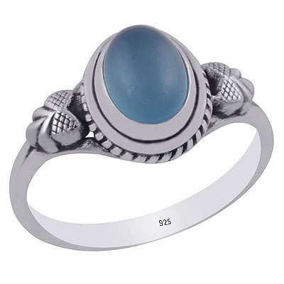 Gorgeous Textured Leaf Around Blue Chalcedony Oval Shape 925 Sterling Solid Silver Ring - R3403041-14