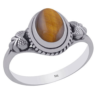 Gorgeous Textured Leaf Around Tiger's Eye Oval Shape 925 Sterling Solid Silver Ring - R3403041-15